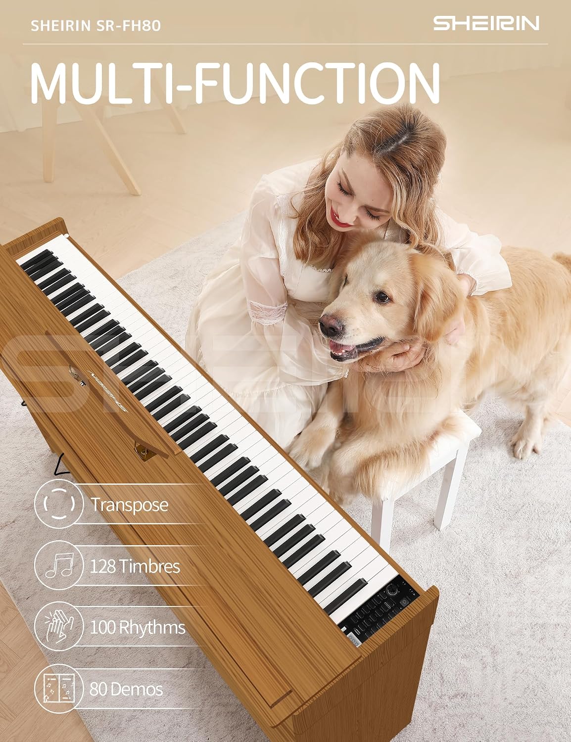 Digital Piano 88 Key Weighted,Fully Weighted Hammer Action Electric Keyboard with Stand Cover Pedal,Headphone Jack for Beginners Adults Home Practice,SR-FH80 (Reddish-brown)