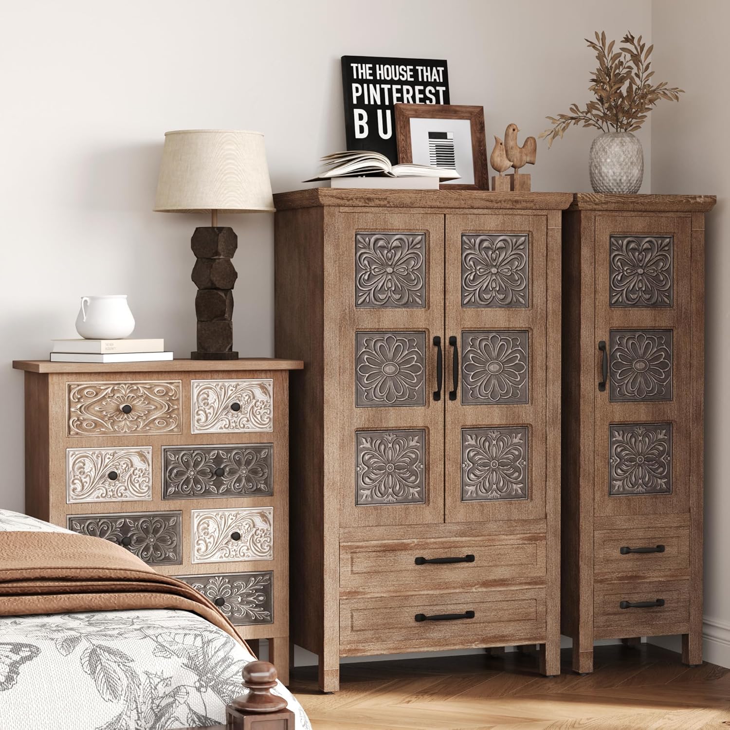 COSIEST 48' Tall Farmhouse Accent Cabinet with Doors and 2 Drawers, Rustic Wood Storage Buffet, Embossed Metal Floral Carving Chest with Adjustable Shelves for Living Room, Entryway, Dining Room
