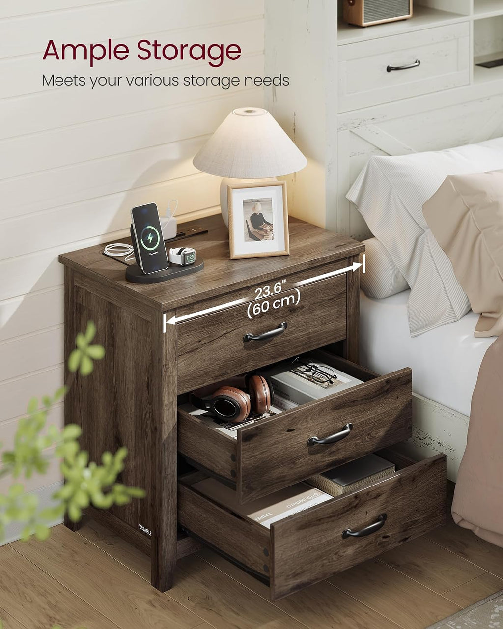 VASAGLE LIRY Collection - Farmhouse Nightstand with Charging Station, Set of 2, Bedside Tables, Side End Tables with 3 Drawers, for Bedroom, Taupe Brown ULET979T01