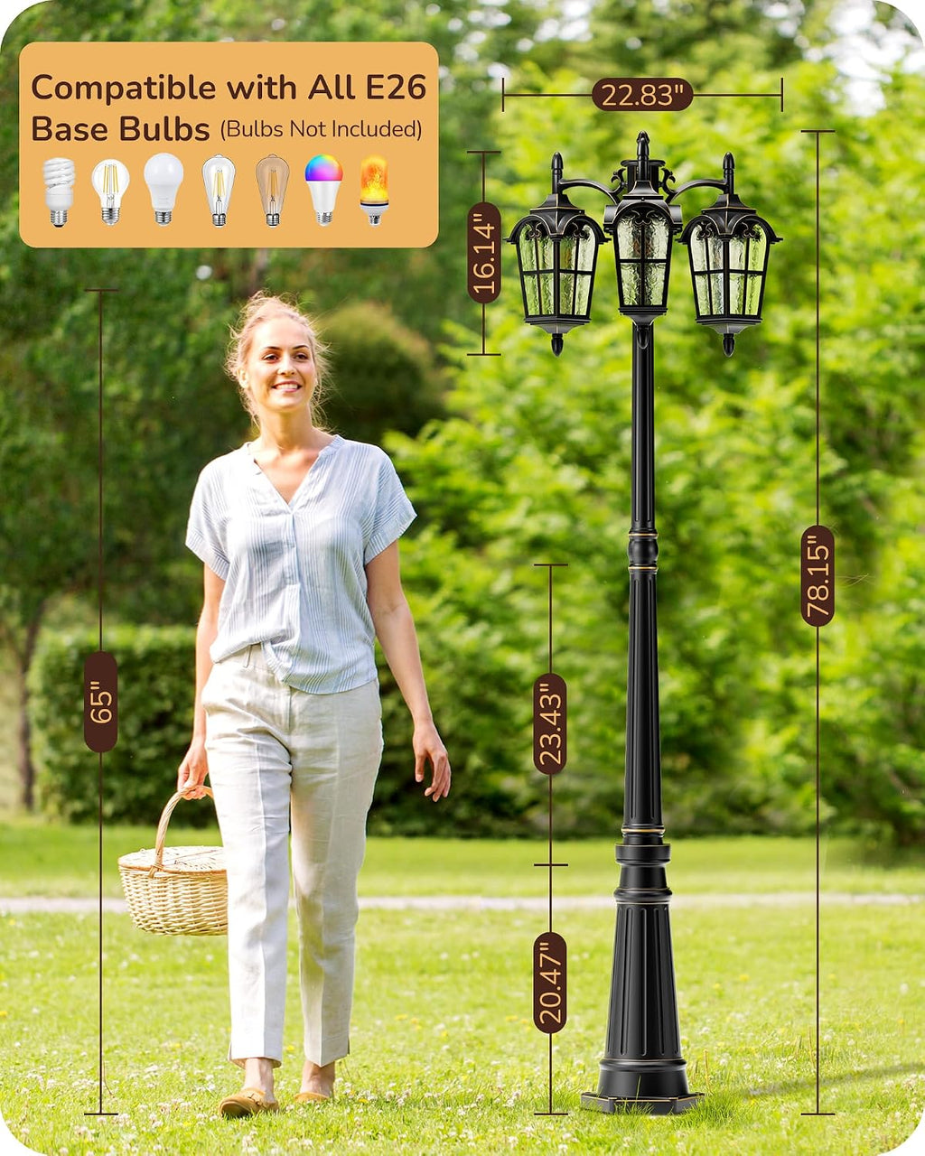 EDISHINE Outdoor Lamp Post Light 3-Head, Thickened Aluminum Dusk to Dawn Street Light Post with Water Ripple Glass, Retro Roman Pole Lighting Fixture for Backyard Garden Patio Driveway