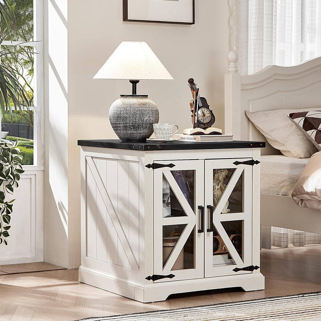 Joaxswe 24' End Table with Charging Station, Farmhouse Night Stand with Glass Barn Door, White Nightstands with Adjustable Storage Shelf, Large Wood Square Bed Side Table for Living Room,Bedroom