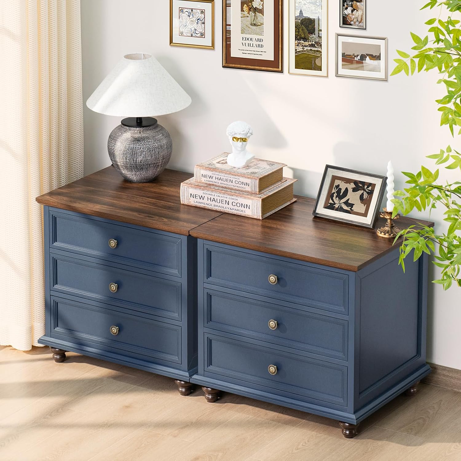 Joaxswe 24' Wide Farmhouse Night Stand Set of 2,Large End Table with 3 Drawers & Metal Handle,Blue Dresser for Bedroom,Bed Side Table Chest of Drawers Cabinet,Wood Nightstand for Living Room,Closet