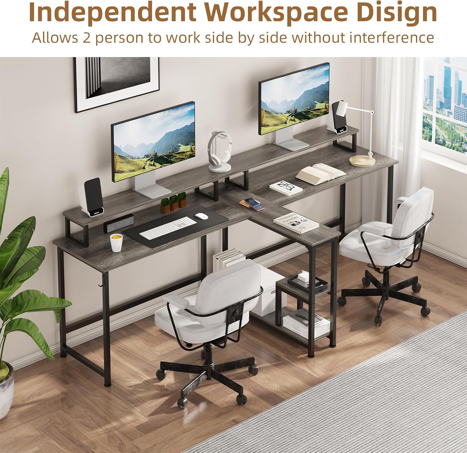 Mexin Two Person Desk-83.7 Inch Double Computer Desk with Monitor Stand and Power Outlets, Office Desk with Storage Shelves, Long Workstation Desk for Home Office, Gray Oak