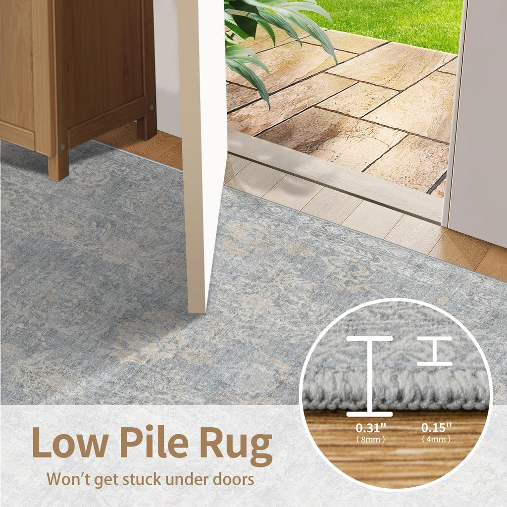 Rugxara 9x12 Area Rugs for Living Room Bedroom, Large Washable Rug, Blue Vintage Retro Boho Rug, Non Slip & Low Pile Faux Wool Thin Carpet for Indoor Dining Room and Kids Room(Blue/Beige 9x12ft)