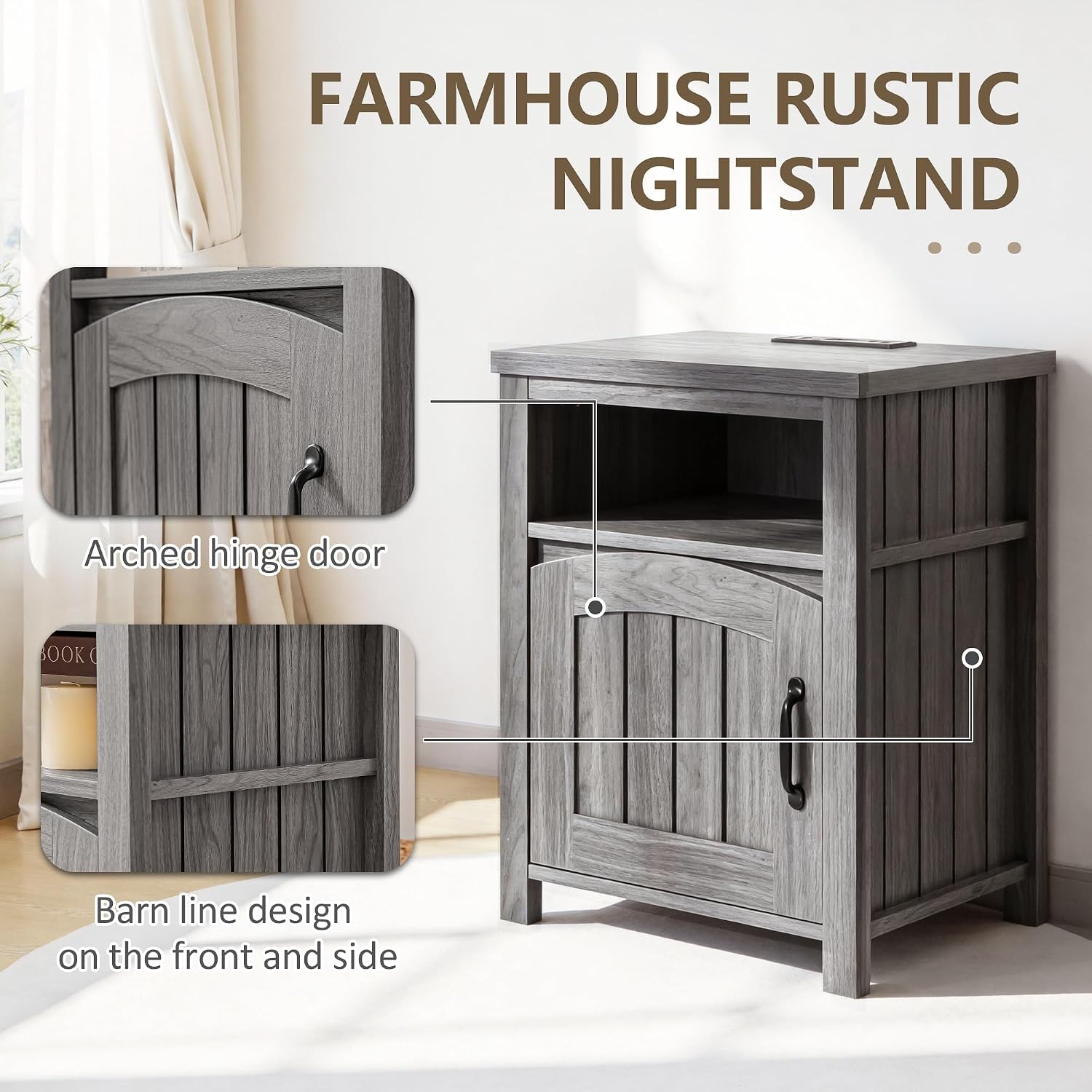 Farmhouse Nightstand with Charging Station Set of 2, 18' End Table with Adjustable Storage Shelf, Rustic Wood Sofa Side Table with Door for Living Room, Bedroom, Dark Gray
