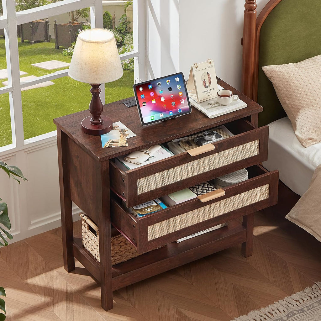 LEYAOYAO 31.5' Wide Rattan Night Stand, Large Boho Nightstand, Bedside Table with Storage, Tall Bed Side End Tables, Chest of Drawers for Bedroom, Living Room, Hallway（Walnut,2 Drawers with Charger,2）