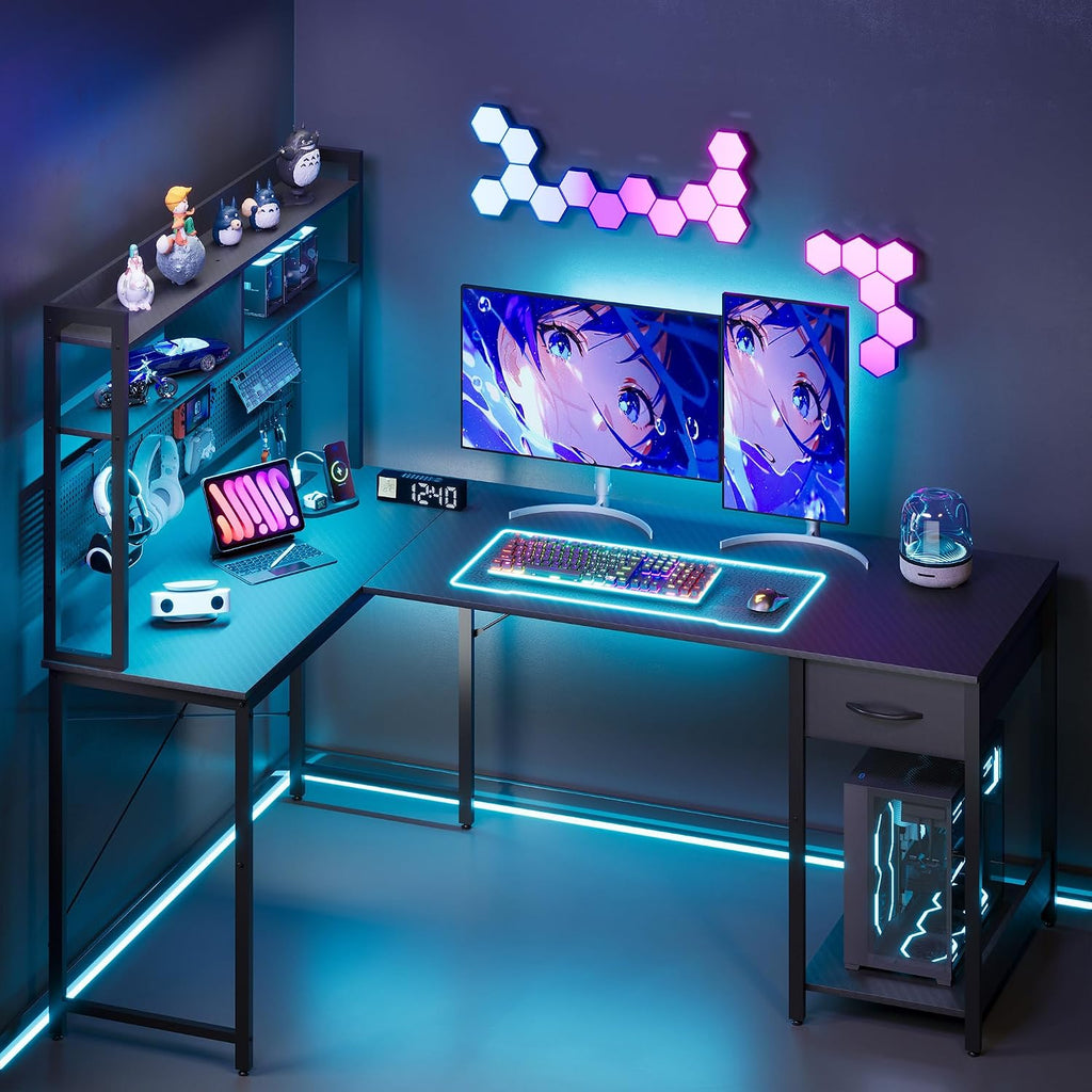 Apicizon L Shaped Gaming Desk 53', Reversible Corner Computer Desk with LED Lights, Carbon Fiber Surface, Pegboard with Hooks, Drawer & PC Tower Stand, USB Charging Port