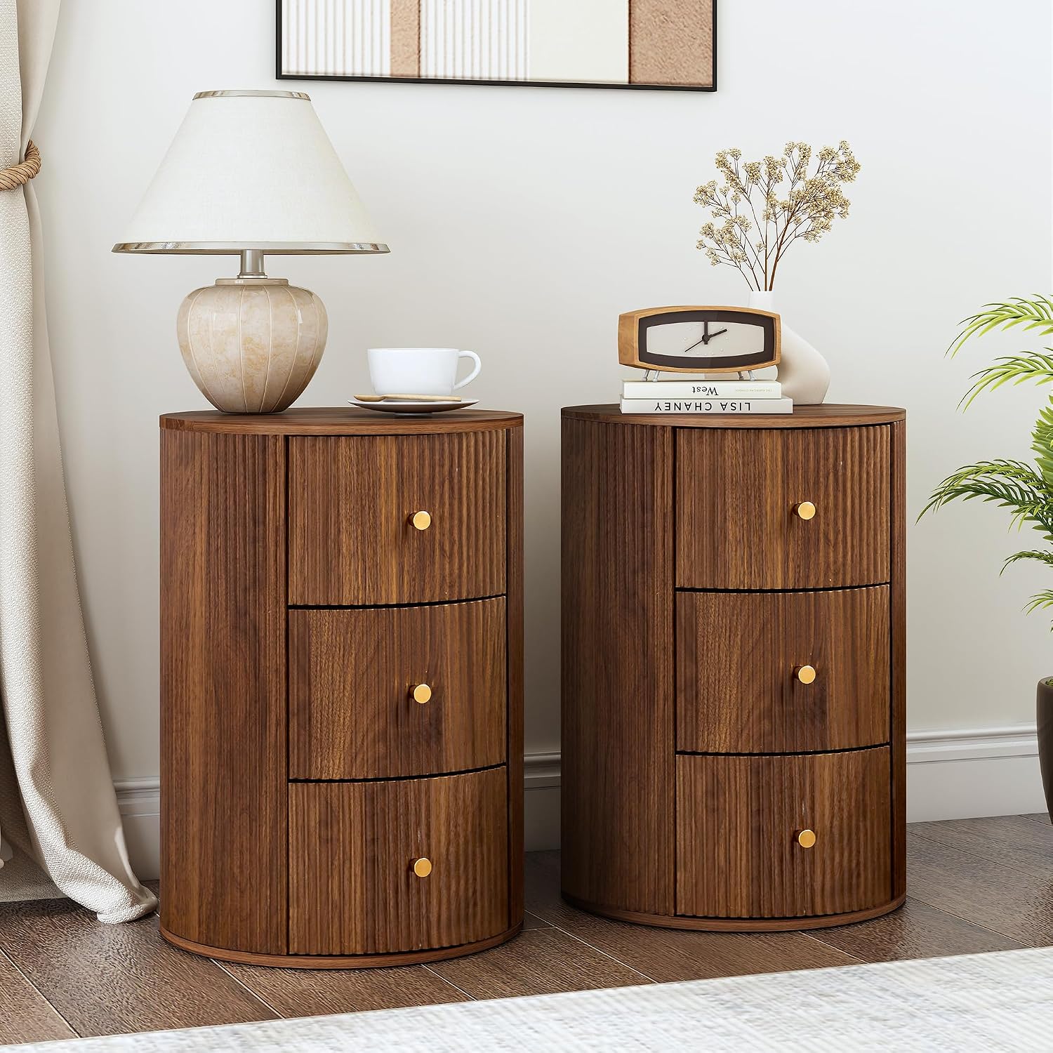 FurSch Fully Assembled Round End Table, Fluted Mid Century Side Table with 3 Storage Drawers for Living Room, Bedroom, Couch (Walnut-1 pc)