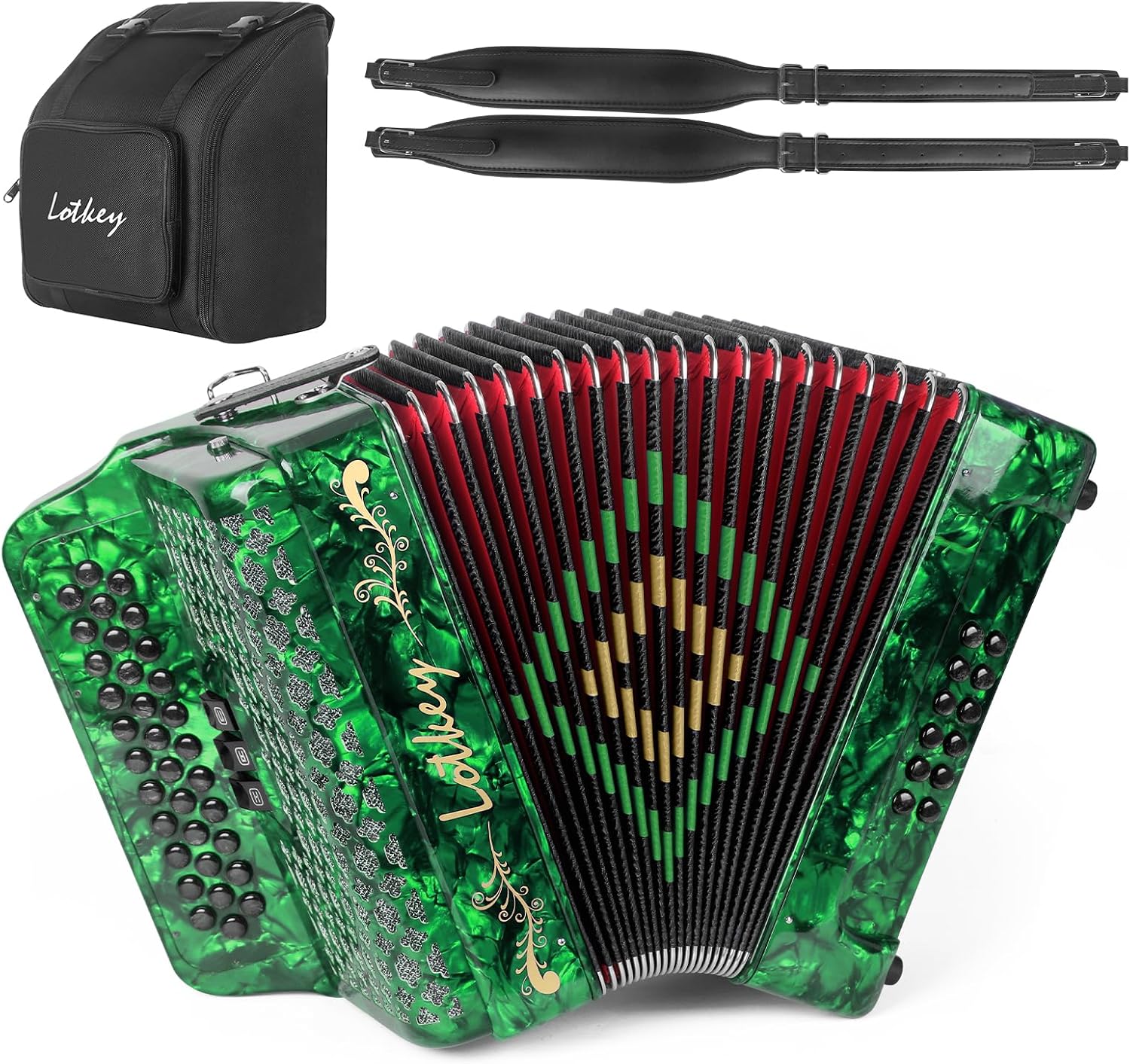 Lotkey 34 Key Diatonic Accordion, 3412 Multi Tone Celluloid Accordions Louder Clearer Timbre than Plastic for Adult, Beginner, Professional with Updated Bag, Straps, Acordeón Wrist Guard (FBE Green)