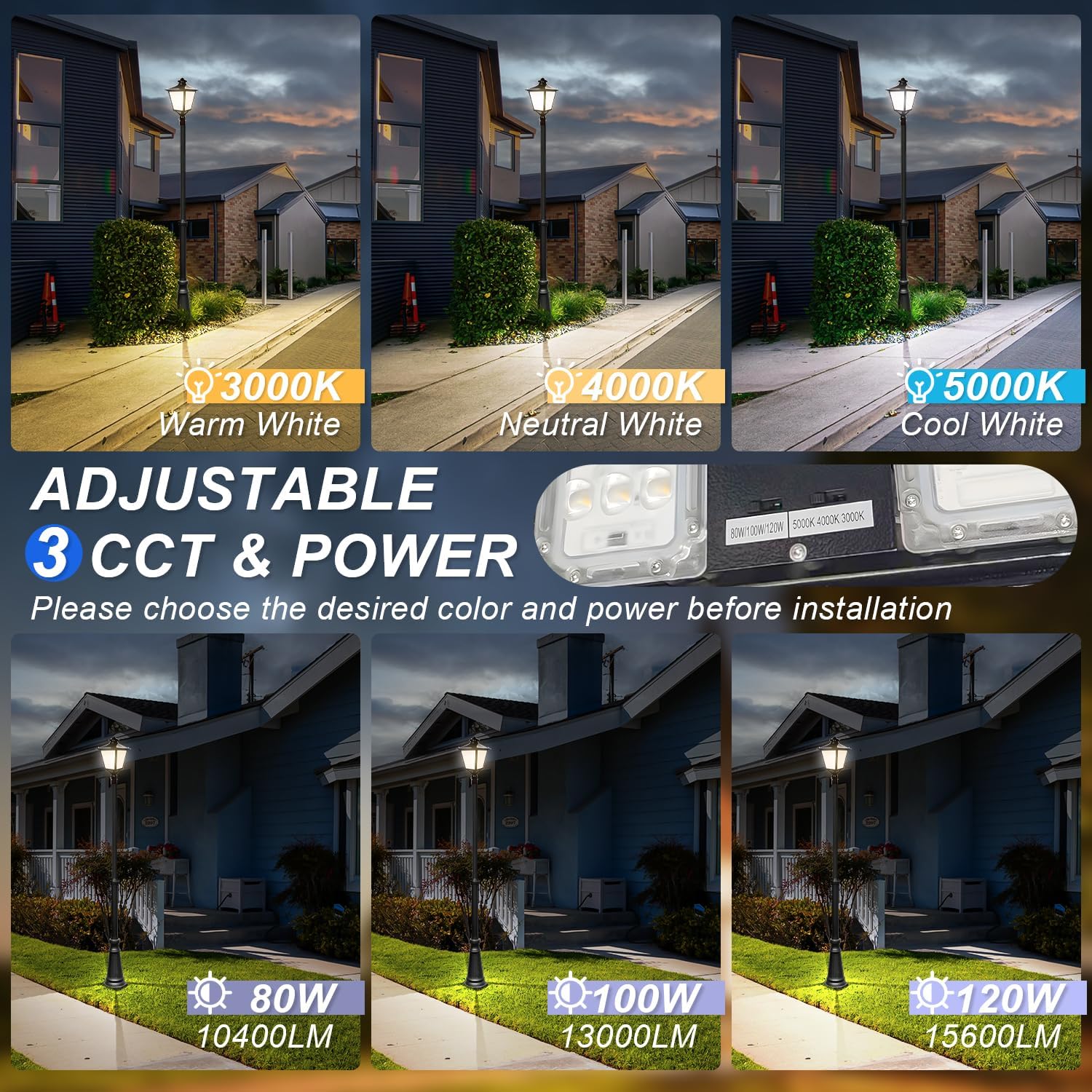 LED Post Top Light 120W/100W/80W Power Tunable, 3CCT 3000K/4000K/5000K Outdoor Post Pole Lights, IP65 Waterproof LED Parking Lot Light for Garden Yard Street Lighting, AC100-277V UL Listed
