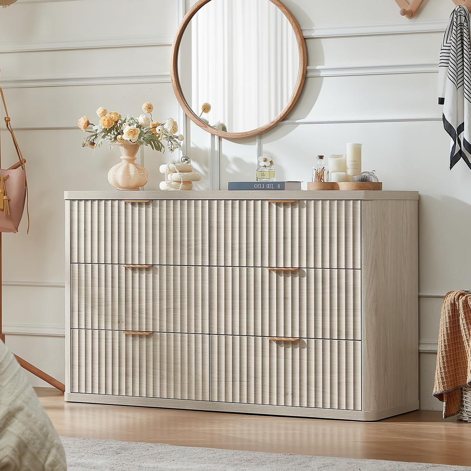 LEYAOYAO Fluted 6 Drawers Dresser Set of 2, 48' Wide Modern Chest of Drawers with Metal Handle, Light Grey Curved Profile Dresser TV Stand, Wooden Drawer Organizer for Bedroom, Living Room, Hallway