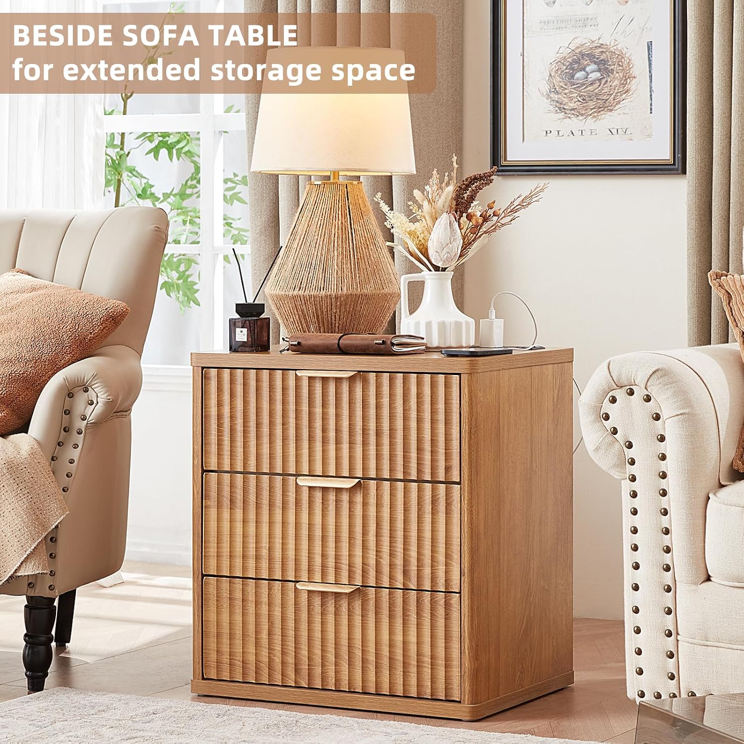 LEYAOYAO 23' Wide Fluted Farmhouse Night Stand Set of 2 with Charging Station, 3 Drawers Large End Table w/Metal Handle, Brown Nightstand Bedside Table,Wood Dresser for Bedroom, Closet