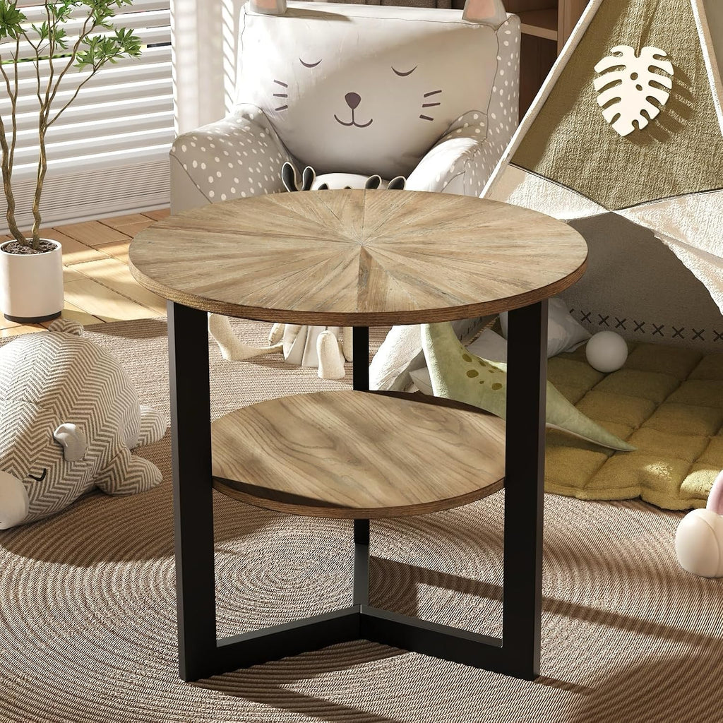 Round Large End Table with 2 tire Storage Shelf, 25.2' Solid Wood Sofa Side Table with Black Metal Frame, Beside Table for Living Room,Small Space Rustic Natural CJZ1338