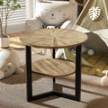 Round Large End Table with 2 tire Storage Shelf, 25.2' Solid Wood Sofa Side Table with Black Metal Frame, Beside Table for Living Room,Small Space Rustic Natural CJZ1338