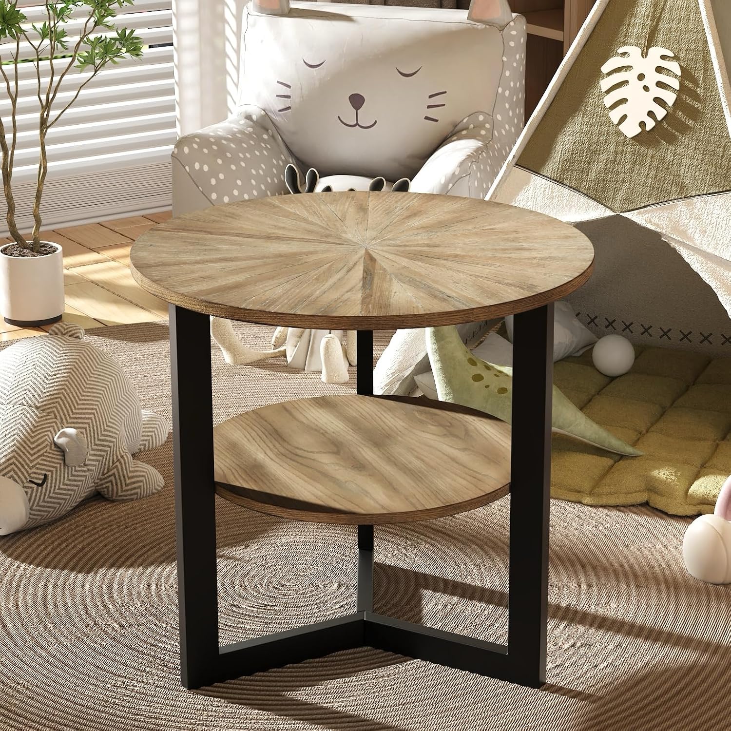Round Large End Table with 2 tire Storage Shelf, 25.2' Solid Wood Sofa Side Table with Black Metal Frame, Beside Table for Living Room,Small Space Rustic Natural CJZ1338