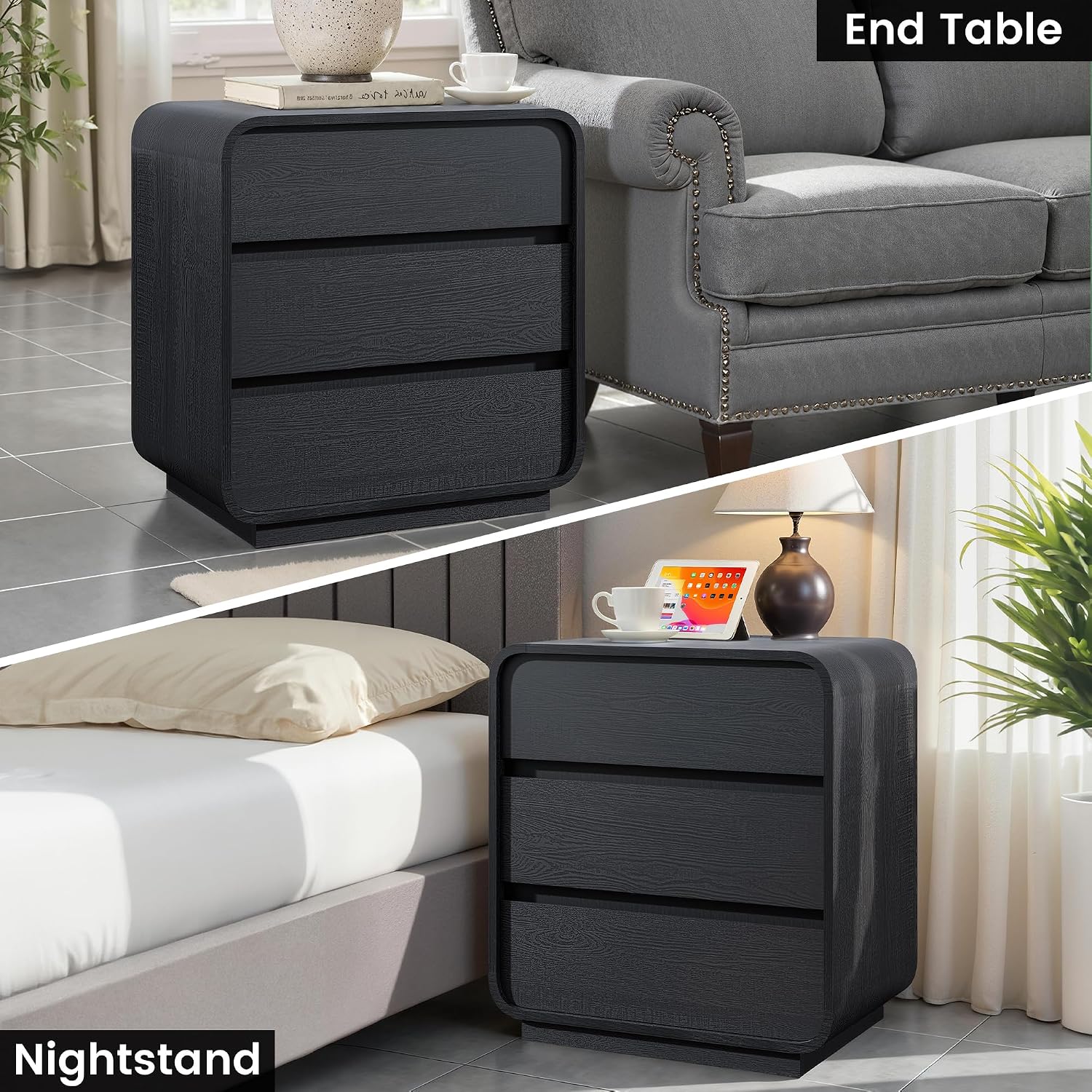 Standifurno Black Curved Night Stand Set of 2 with Charging Station, 25' Tall Wood Bedside Table Nightstand with 3 Storage Drawers, Mid Century Modern End Table for Bedroom, Office