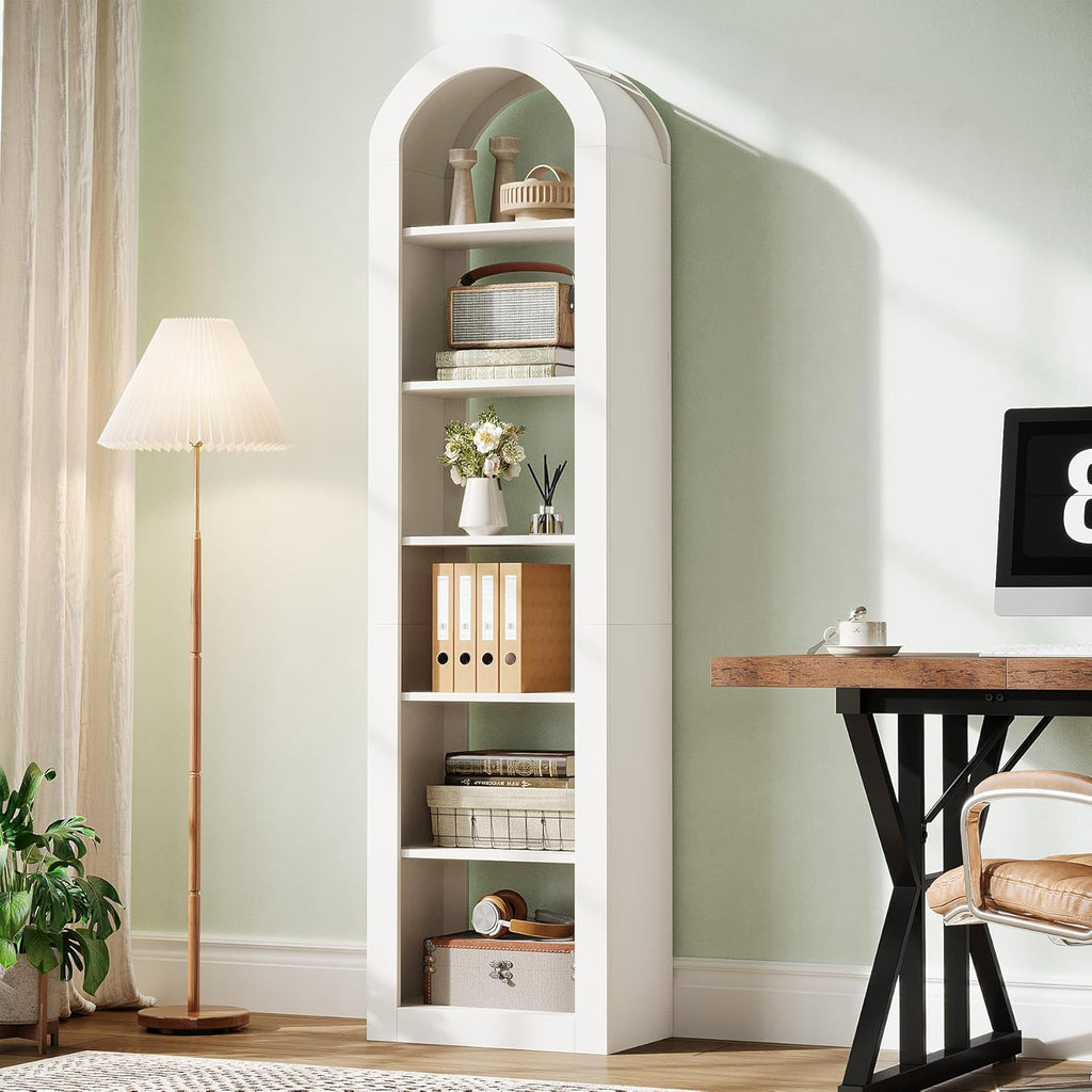 Tribesigns 74.8' Tall Arched Bookshelf, 6-Tier Narrow Open Bookcase, Floor Standing Corner Display Shelves Storage Organizer for Small Space, Home Office, Living Room (Warm White, 1 PC)