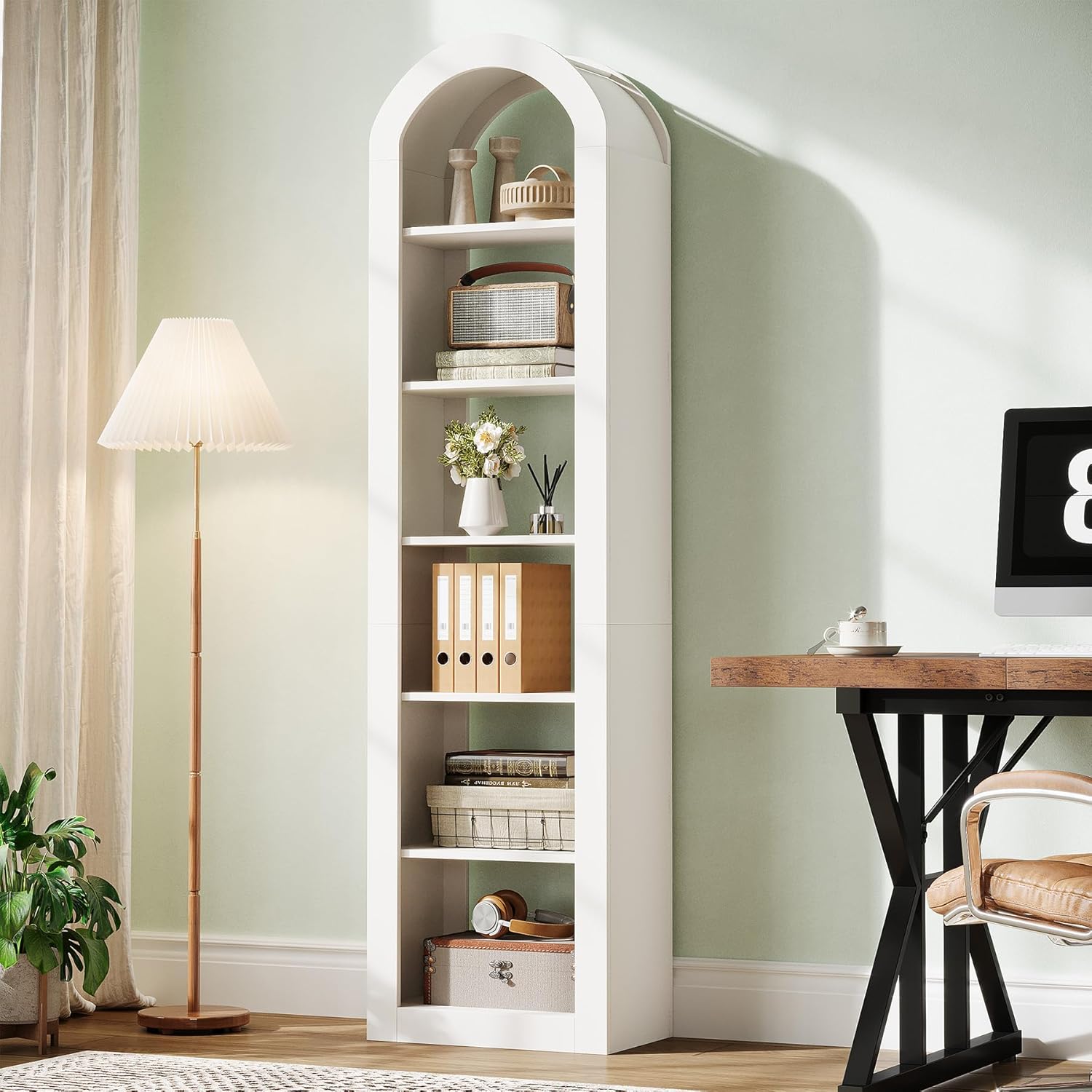 Tribesigns 74.8' Tall Arched Bookshelf, 6-Tier Narrow Open Bookcase, Floor Standing Corner Display Shelves Storage Organizer for Small Space, Home Office, Living Room (Warm White, 1 PC)