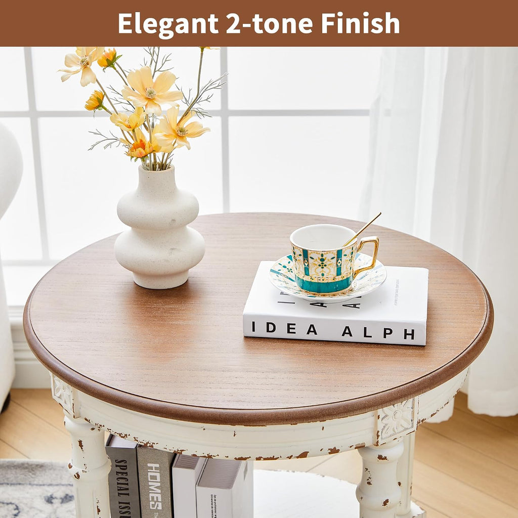 BERRYMERRY 23.6' French Country Round End Table Set of 2, Two Tone Distress 2 Tier Side Table for Living Room Small Space,Easy Assembly