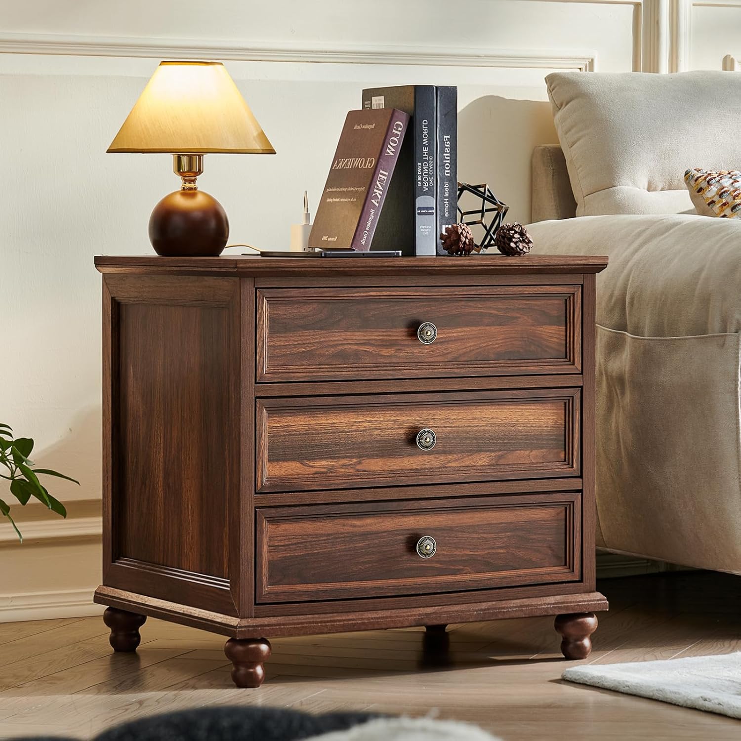 Joaxswe Farmhouse Nightstand Set of 2 with Charging Station, 24' Wide End Table with 3 Drawers,Dresser for Bedroom,Bed Side Table Chest of Drawers Cabinet,Wood Brown Night Stand for Living Room