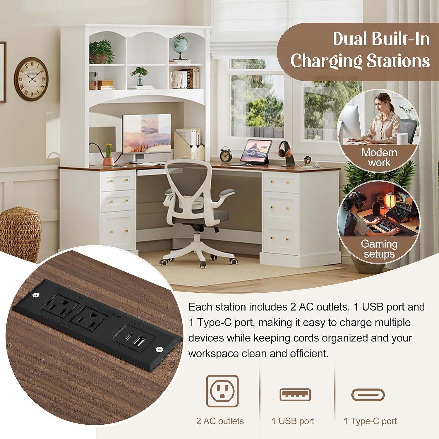L-Shaped Computer Desk with Keyboard Tray | Charging Stations,Corner Desk with Arched Hutch, All-in-One Home Office Desk for Study, Office