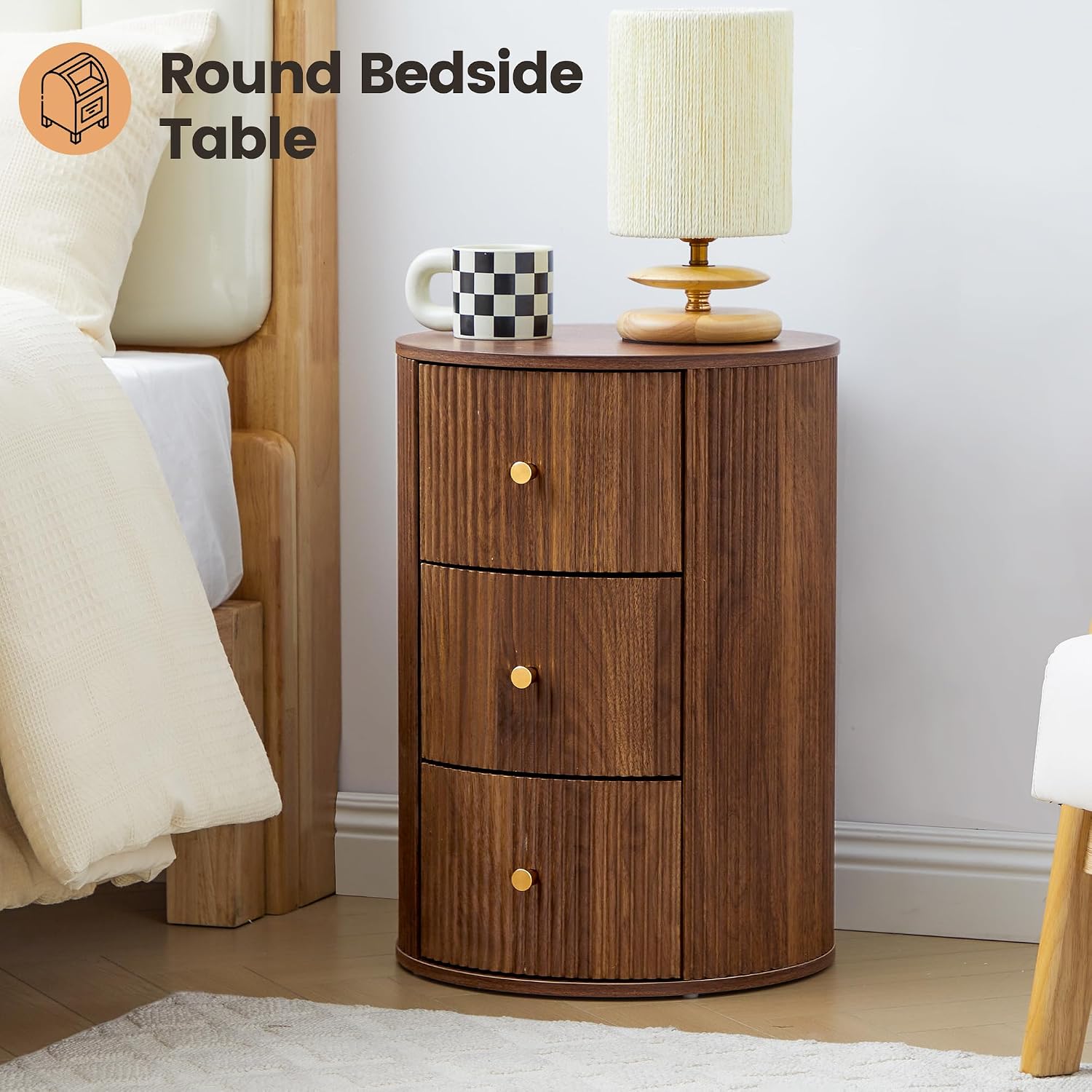 FurSch Fully Assembled Round End Table, Fluted Mid Century Side Table with 3 Storage Drawers for Living Room, Bedroom, Couch (Walnut-1 pc)