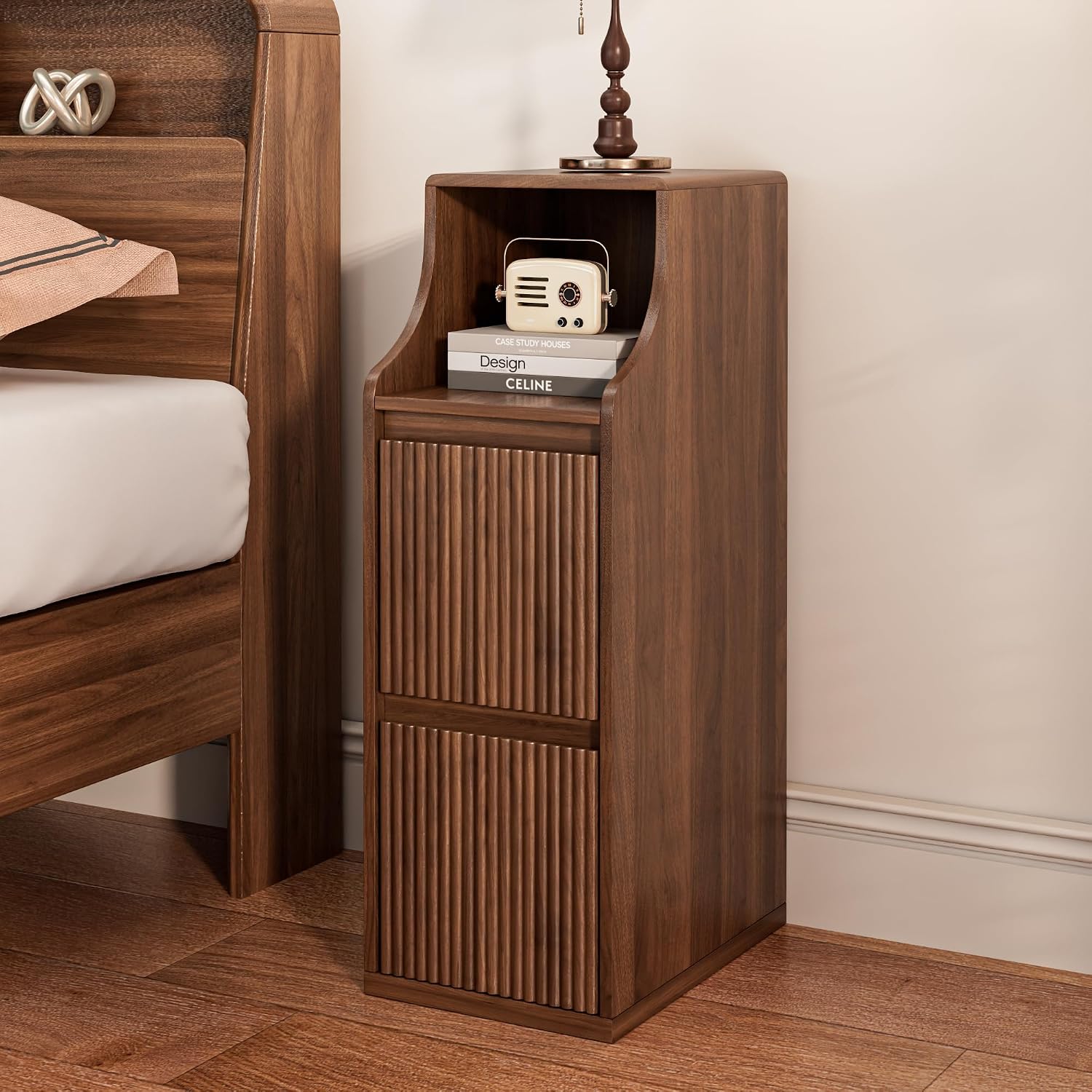 Fluted Narrow Nightstand Set of 2, Mid Century Modern Small Bedside Table with 2 Drawers, Wooden Skinny Vintage Side Table, Night Stand, Slim End Table for Bedroom, Walnut, Brown