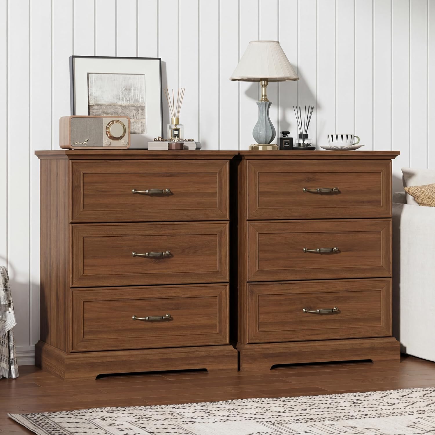 Nightstand Set of 2,24' Wide End Table with 3 Large Drawers & Metal Handles,Rustic Farmhouse Wood Small Dresser,Bedside Table,Modern Chest of Drawers for Bedroom,Living Room,Walnut