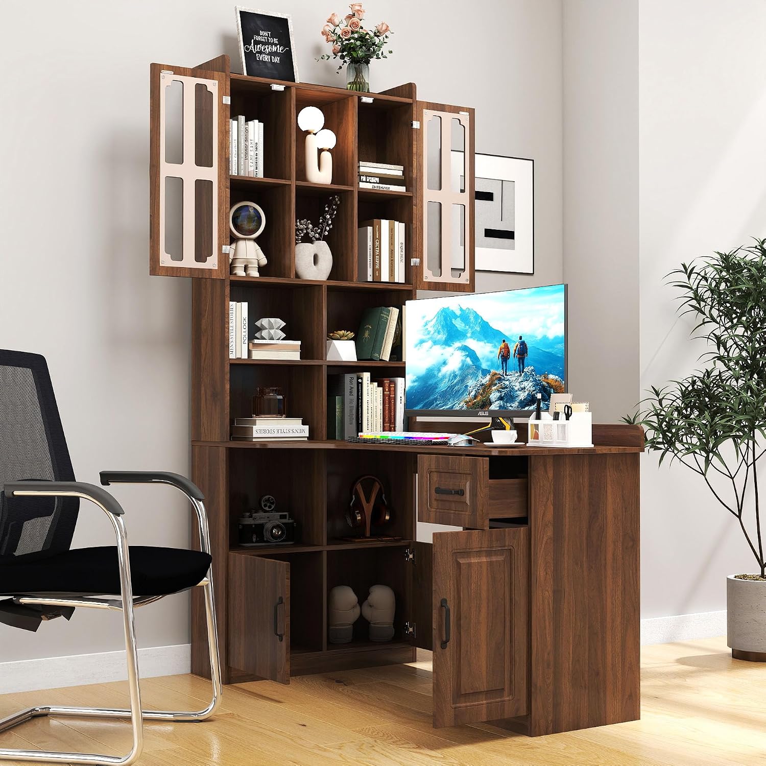 l Shaped Desk with Hutch & Drawers, Small Corner Desks for Small Space Home Office, Farmhouse Desk and Bookshelf Combo with Storage (Walnut)