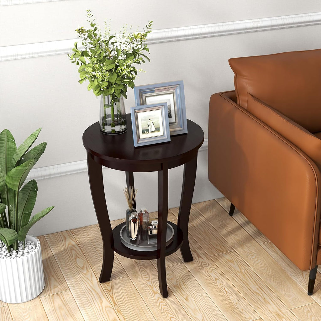 Giantex Round End Tables Set of 2, 2 Tier Side Table with Storage Shelf and Solid Wood Legs, 18' x 18' Accent Table for Corner Small Spaces, Compact Night Stand for Living Room Bedroom, Espresso