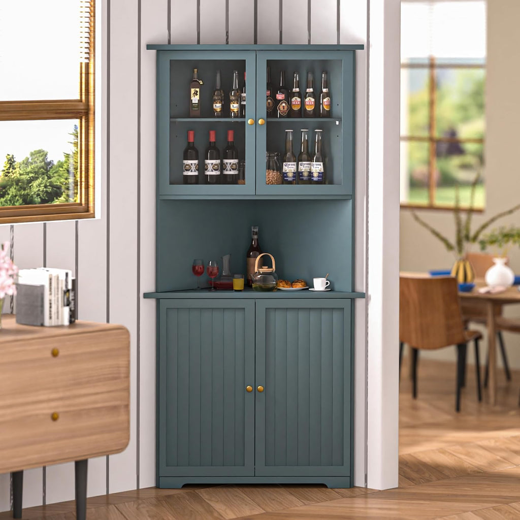 BlueWish 71' Corner Cabinet, Storage Cabinet with Glass Doors and Shelves, Corner Kitchen Cabinets, Hutch Cabinets for Display Living Room Office Bathroom, Dark Teal