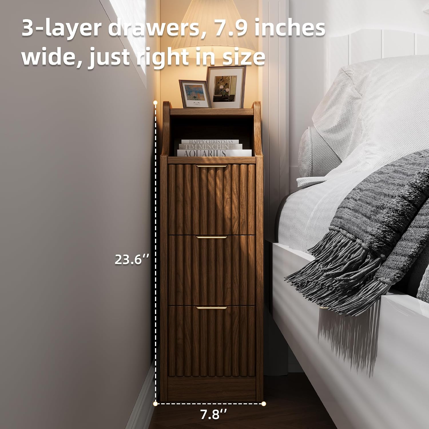 7.9' Narrow Nightstand Set of 2,23.6' Tall Fluted Bedside Table Set of 2, Slim Side End Table with 3 Drawers, Wooden Bedside Table, Mid Century Modern Night Stand for Bedroom Livingroom Sofa Office