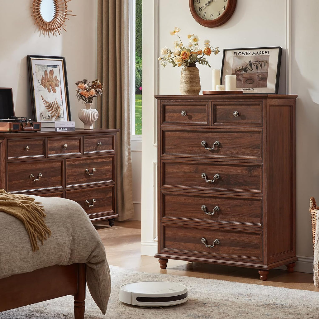 Joaxswe Farmhouse 6 Drawer Dresser Set of 2 for Bedroom, 42' Tall Rustic Chests of Drawers w/ 4 Solid Wood Feet, Mid Century Vintage Wooden Closet Storage Dressers Organizer for Living Room,Brown