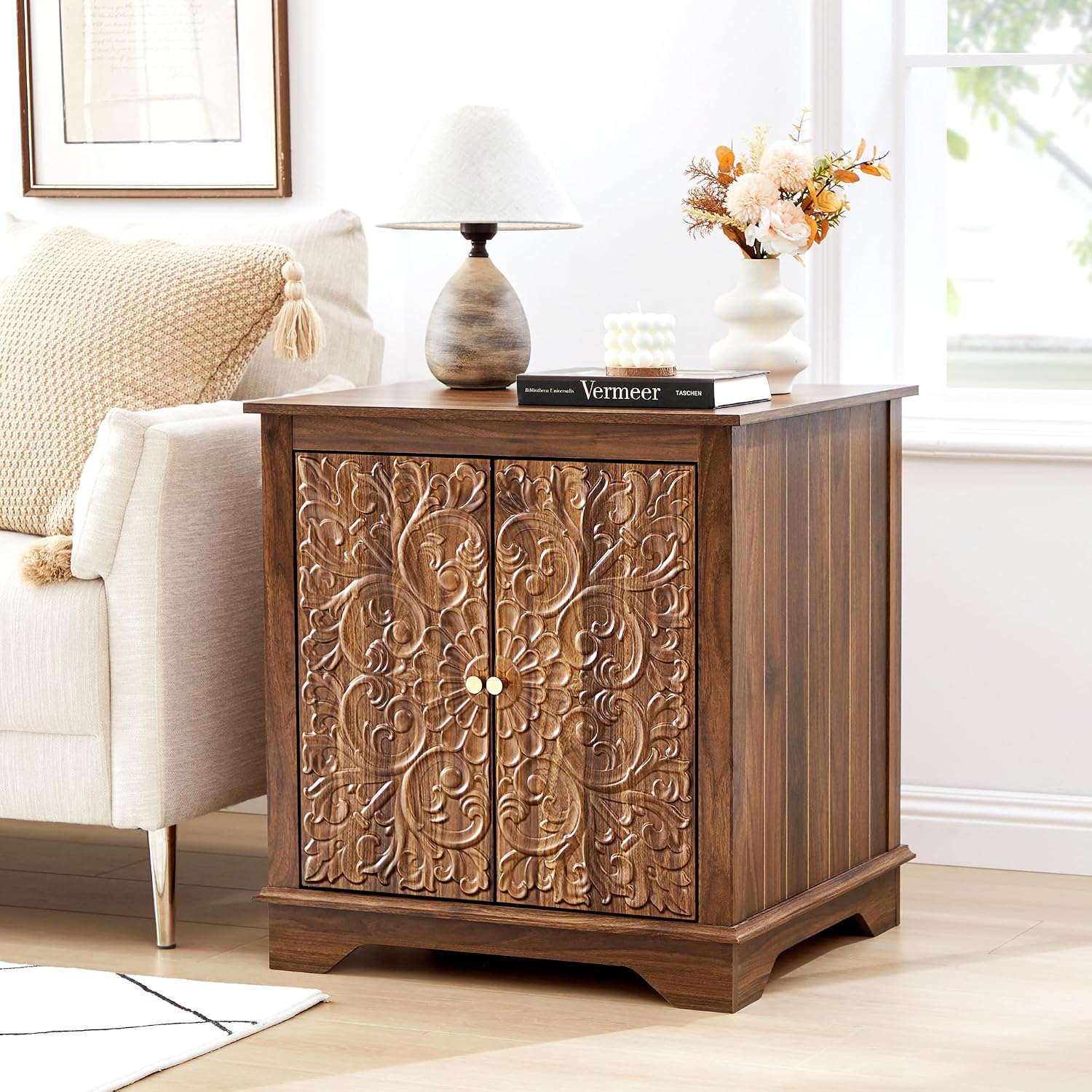 weselon End Table Set of 2, Carved Floral Square Nightstand with Adjustable Shelf, Farmhouse Wooden 2 Door Side Table for Living Room Bedroom (Walnut)