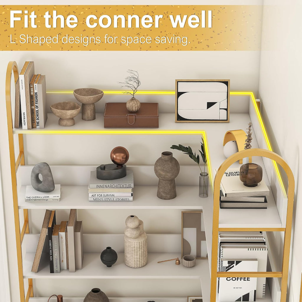 Nosepen Corner Bookshelf, 5 Tiers Tall Open Corner Etagere Bookcase Storage Organize, L-Shaped Large Corner Bookshelves, Corner Shelf Storage Display Rack with Metal Frame for Living Room Home Office