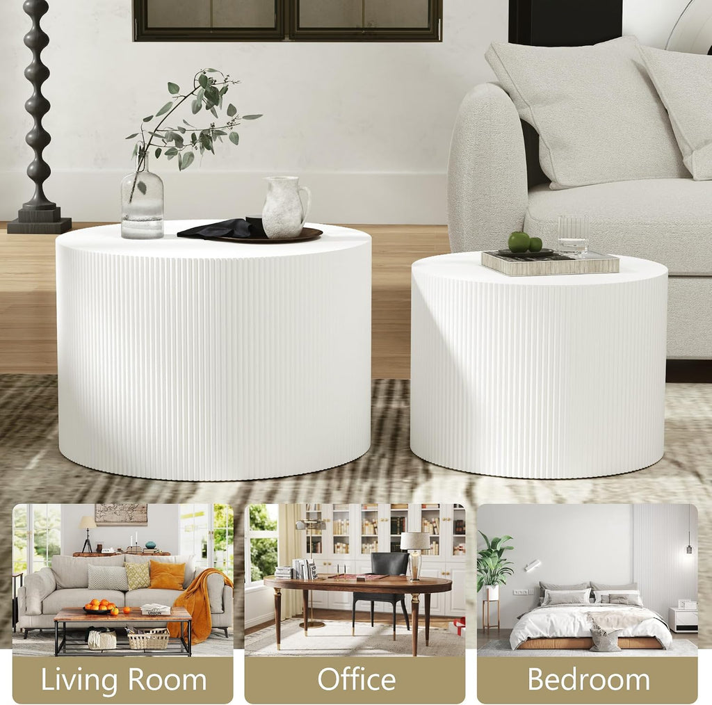 Otterease Round Coffee Table Set of 2, Modern Wooden White Nesting Tables for Living Room, No Assembly Required Circle Side Tables Set Accent End Table for Bedroom, Balcony