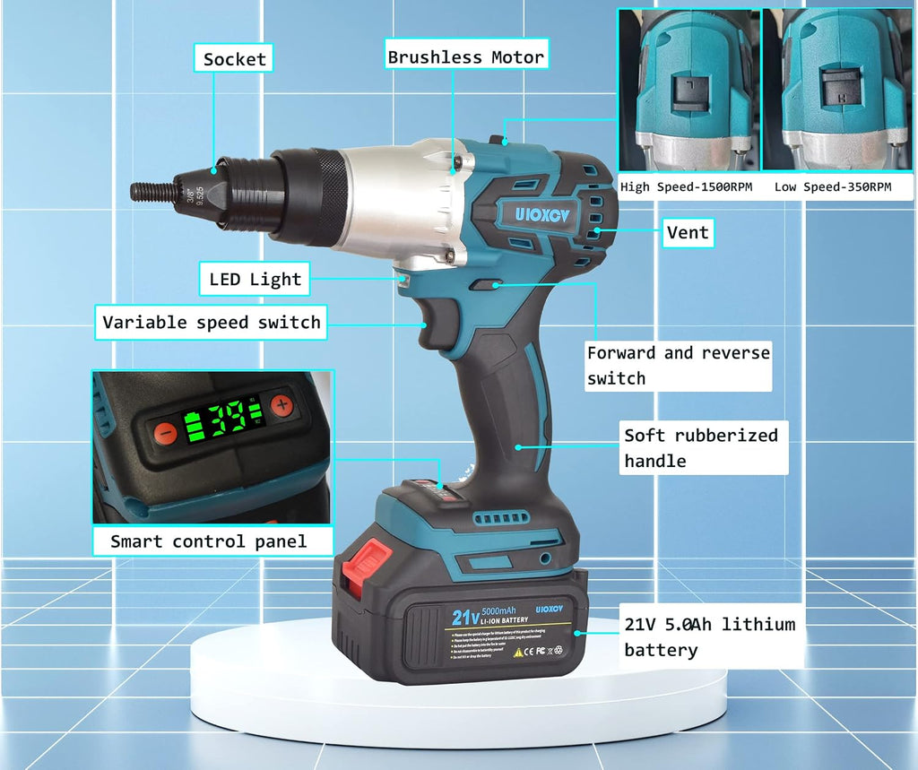 2-in-1 Electric Rivet Nut Gun for Rivets(1/8'', 5/32'', 3/16') & Rivet Nuts (1/4',5/16',3/8') with 2 Battery, Cordless Pop Rivet Insert Installation Tool