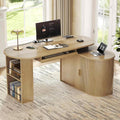 HSH L Shaped Computer Desk with Storage, Reversible Office L Desks with Cabinet and Keyboard Tray, Home Office Corner Executive Desk with Power Outlet, Oak 60 Inch