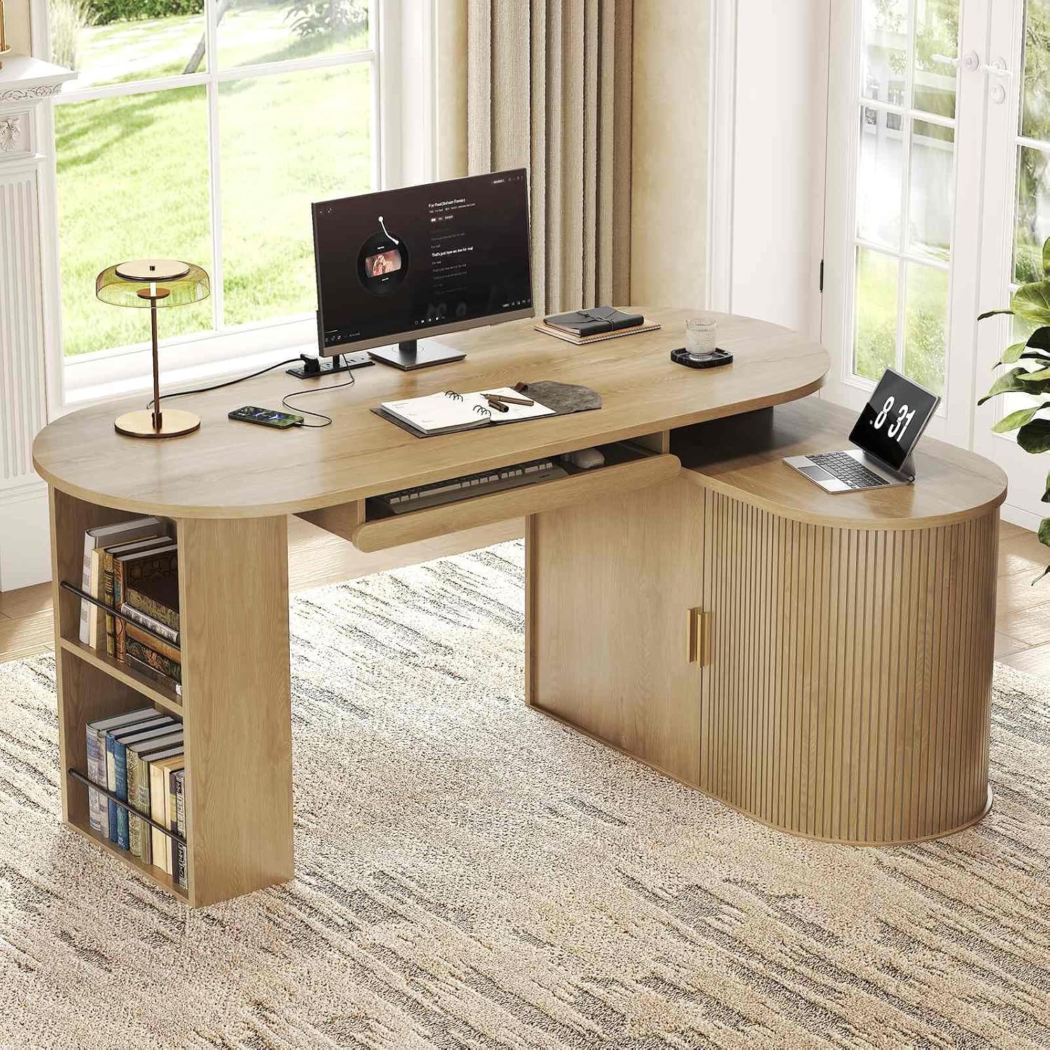 HSH L Shaped Computer Desk with Storage, Reversible Office L Desks with Cabinet and Keyboard Tray, Home Office Corner Executive Desk with Power Outlet, Oak 60 Inch