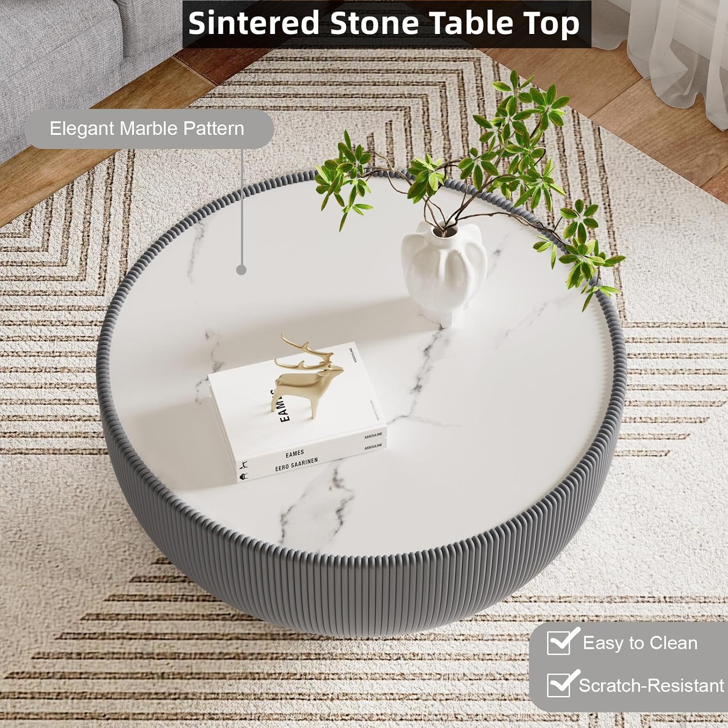Modern Round Coffee Table Luxury Sintered Stone Top Coffee Table in Grey Leatherette Creative Bowl-Shape Cocktail Center Table for Living Room Bedroom,Fully Assembled