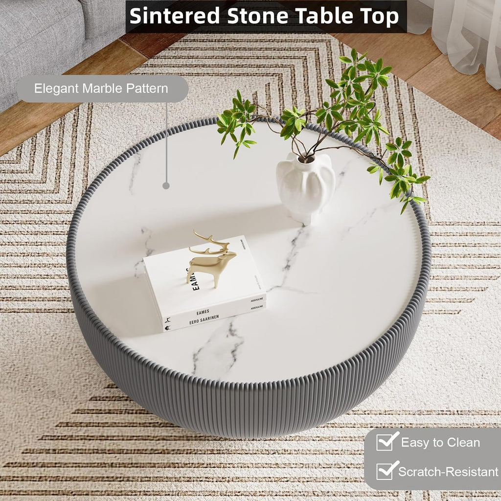 Modern Round Coffee Table Set of 2 Luxury Sintered Stone Top Coffee End Table in Grey/White Leatherette Creative Bowl-Shape Small Coffee Side End Tables for Living Room,Fully Assembled