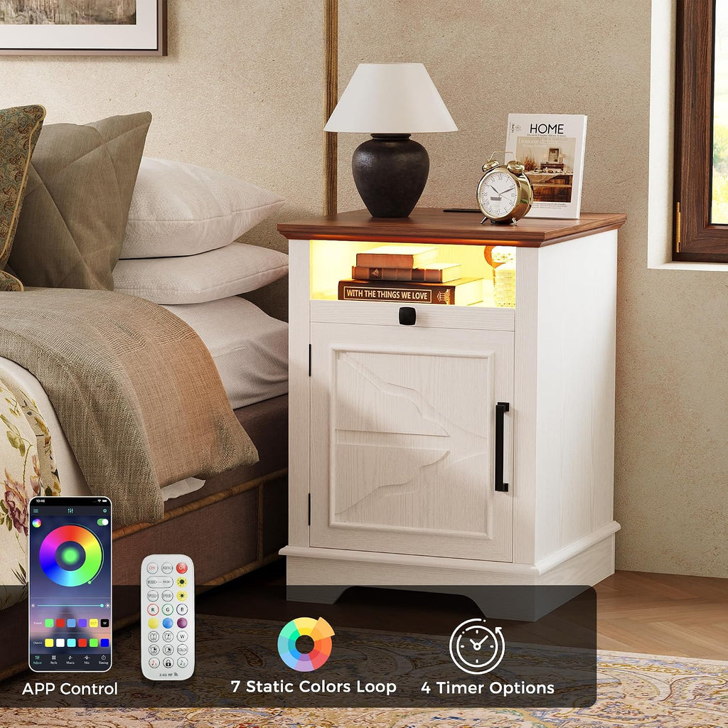 IRONCK Farmhouse End Table Set of 2, Nightstand with Charging Station and App Controlled LED, End Table with Storage for Bedroom Living Room,White