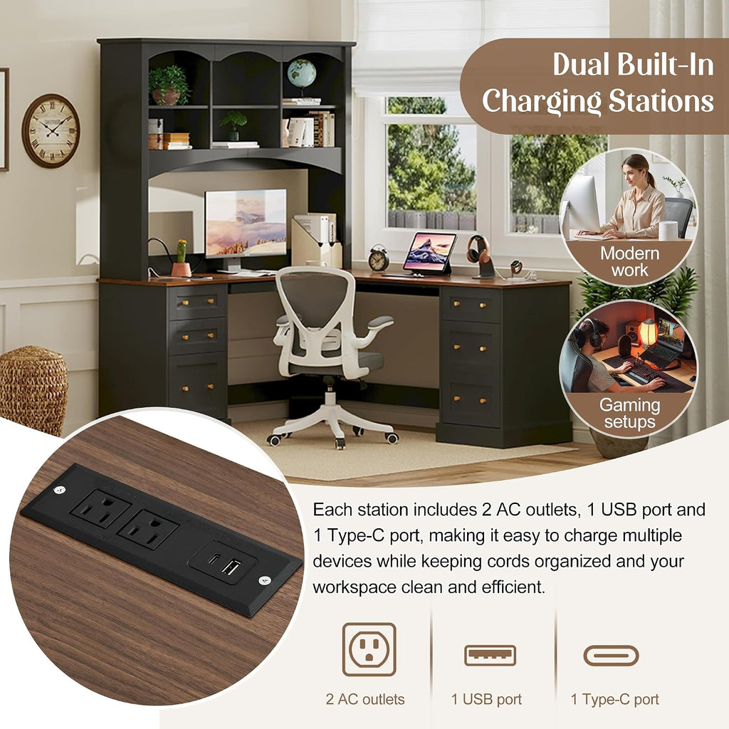 L-Shaped Computer Desk with Keyboard Tray | Charging Stations,Corner Desk with Arched Hutch, All-in-One Home Office Desk for Study, Office