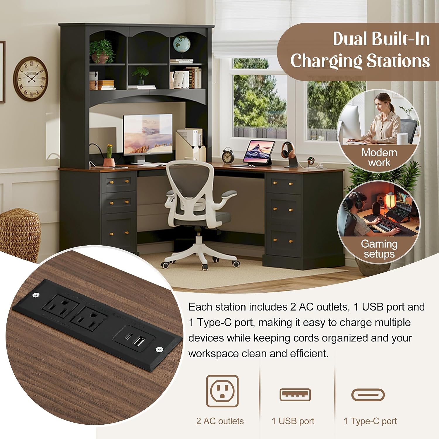 L-Shaped Computer Desk with Keyboard Tray | Charging Stations,Corner Desk with Arched Hutch, All-in-One Home Office Desk for Study, Office