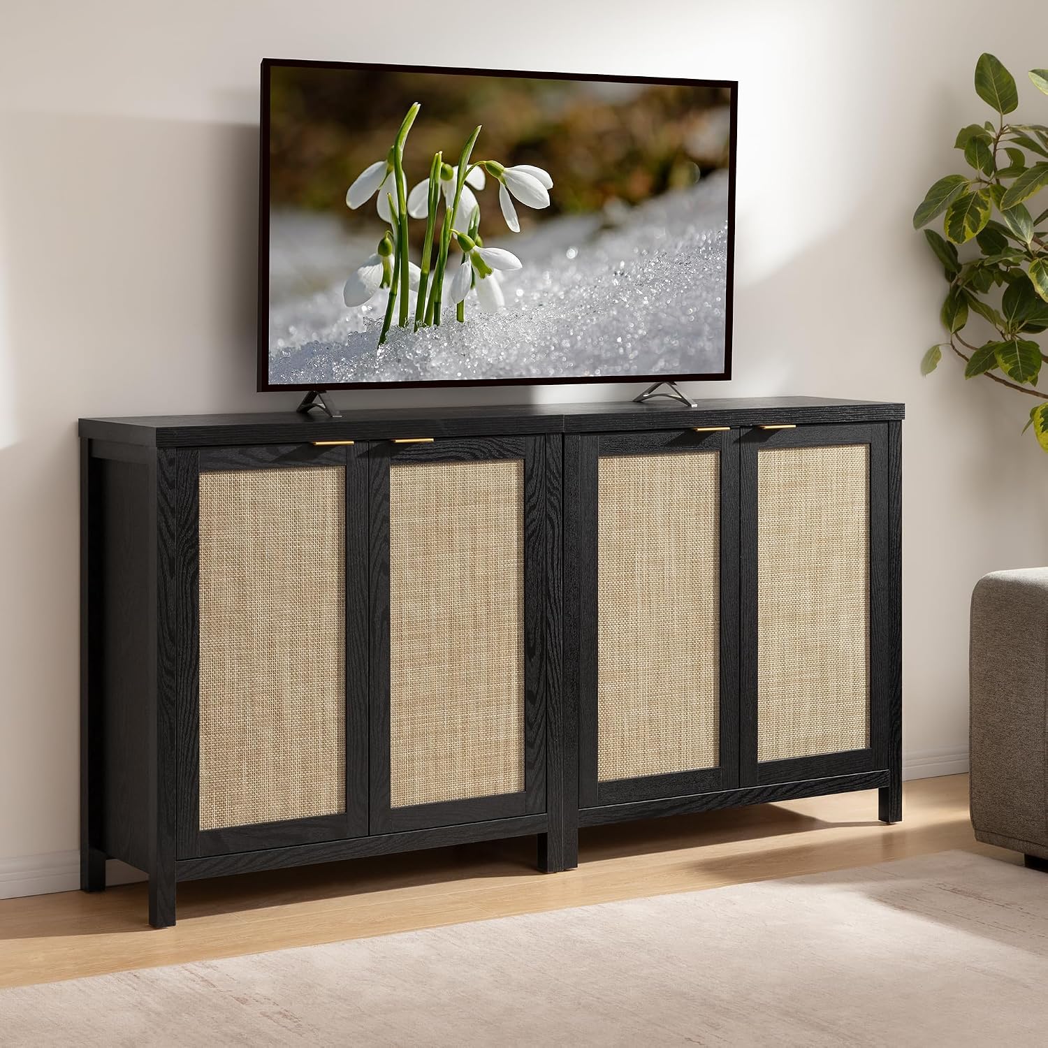 SICOTAS Sideboard Buffet Storage Cabinet - Boho Rattan Credenza Coffee Bar Cabinet with Large Storage, Farmhouse Console Buffet Table for Kitchen Living Room Entryway - 2 Black Pieces