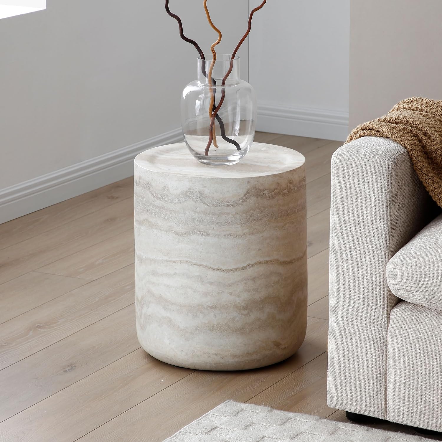 Modern Drum-Shape Side End Table for Living Room 15.74' Round Sofa Side Table Light Sand Color Circle Small Coffee Table for Home Office, Fully Assembled