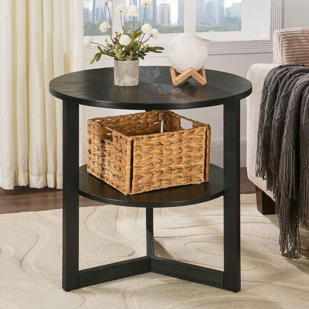 Large Round End Table with Storage Shelf, Rustic Beside Tables with Umbrella Top,Traditional Circular Sofa Side Table, 25.2'D Telephone Table for Living Room Easy Assembly Brushed Black CJZ3338BK