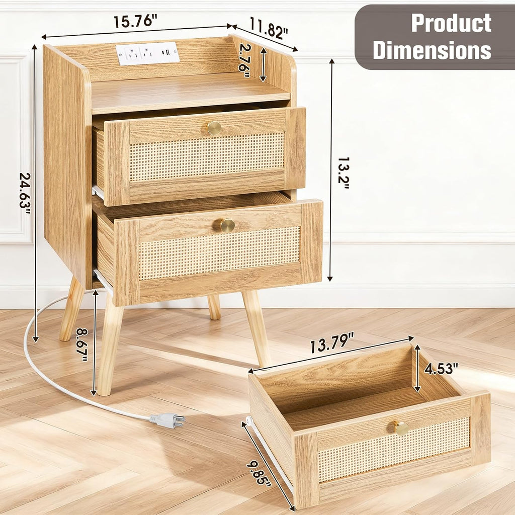 Nightstands Set of 2 with Charging Station, Modern Boho Rattan Bedside Tables with 2 Drawers, Solid Wood Legs, Open Storage End Tables for Bedroom Living Room Dorm – Natural