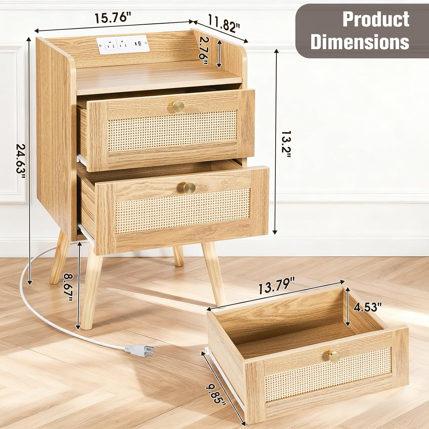 Nightstands Set of 2 with Charging Station, Modern Boho Rattan Bedside Tables with 2 Drawers, Solid Wood Legs, Open Storage End Tables for Bedroom Living Room Dorm – Natural