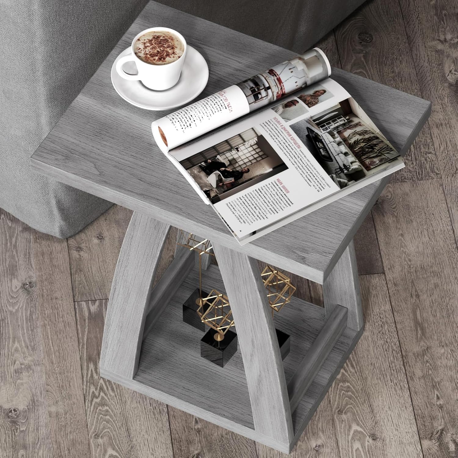FROMJBEST End Tables Living Room, Side Table Beside Sofa, Nightstand for Bedroom, Couch Side Table with Shelf, Modern End Table for Living Room, Grey End Table Set of 2